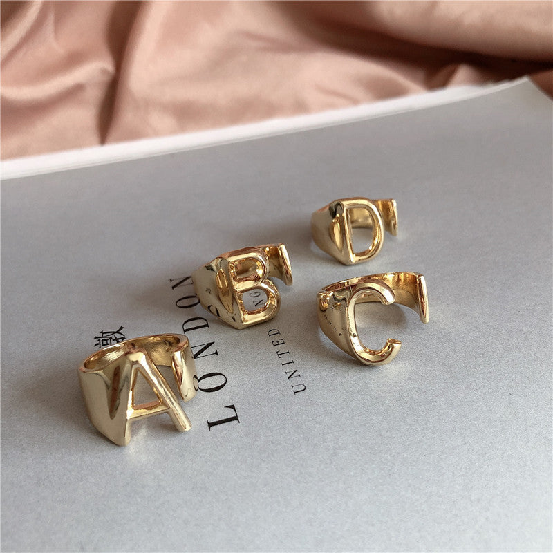 26 letter luxury niche 26 Alphabet Adjustable open gold nugget ring nugget earrings