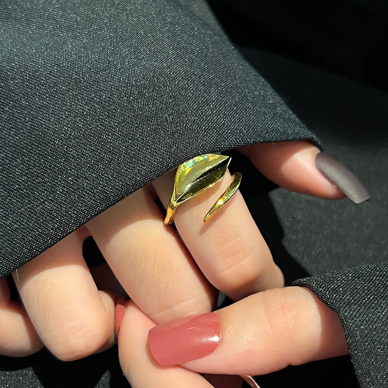 Korean wind trend new creative leaf gold ring simple niche design girls open index finger ring nugget earrings