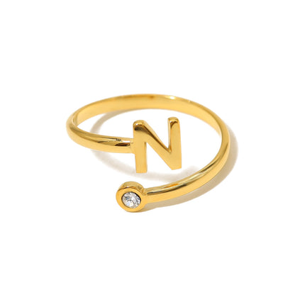 26 Letter Luxury niche 26 Alphabet Adjustable Open Gold Nugget Ring with Crystal Nugget Jewelry