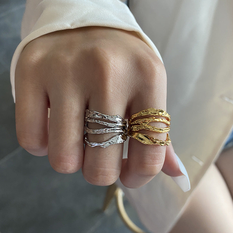 Double-layer Wavy Yellow Gold Nugget Rings Gold-plated Silver nugget earrings