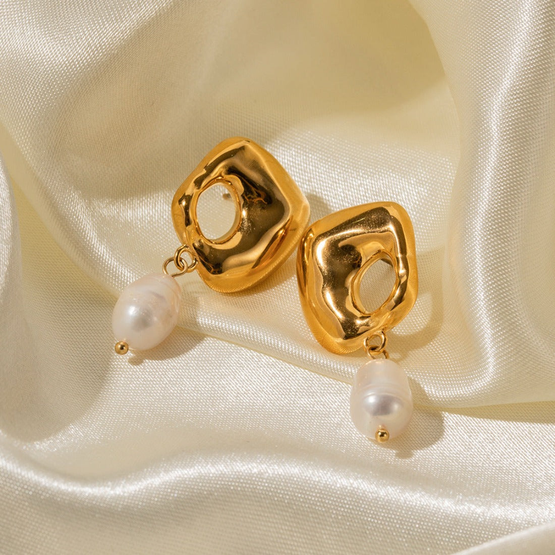 18k nugget dainty freshwater pearl earrings
