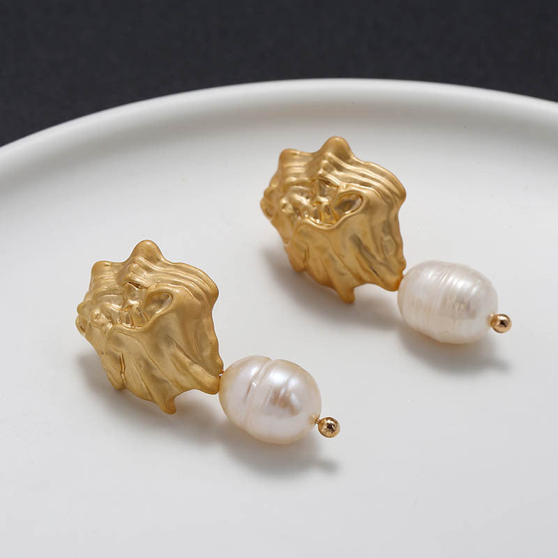 Baroque Pearl Nugget Earrings Matte Gold-plated nugget earrings