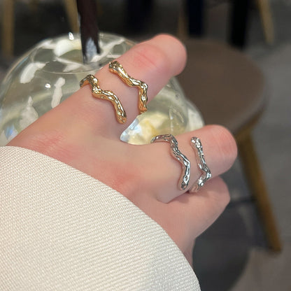 Korean version of the new cold wind irregular niche design metal wave shape girls open index finger ring accessories nugget earrings