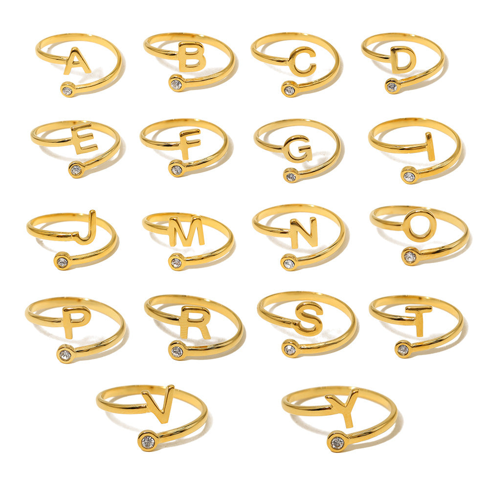 26 Letter Luxury niche 26 Alphabet Adjustable Open Gold Nugget Ring with Crystal Nugget Jewelry